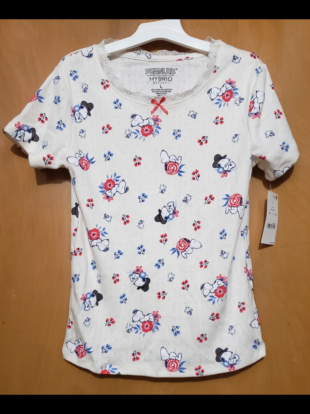 Peanuts White Short Sleeve Snoopy Floral Tee with Lace Trim